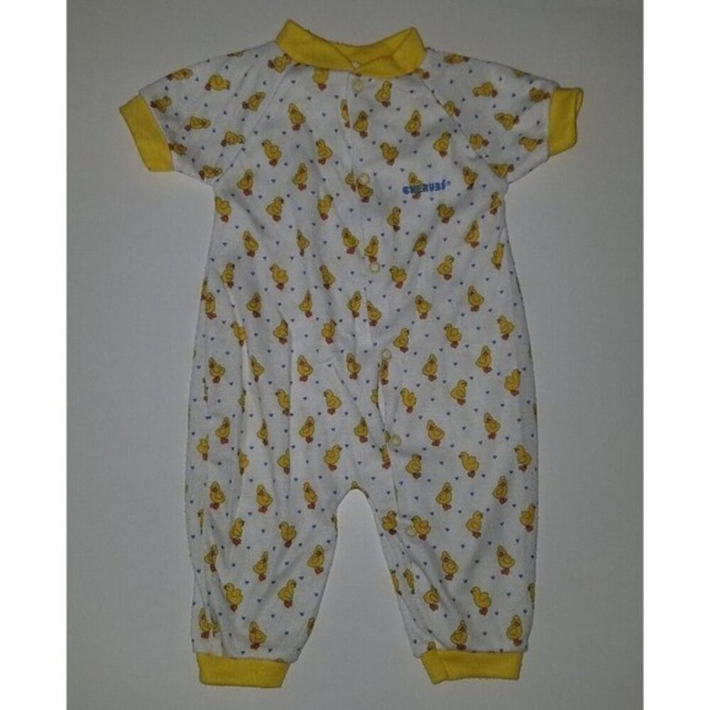 VTG Cherubs Baby Outfit Sleeper Yellow Ducks Blue Hearts Infant Med 14.5-18 lbs